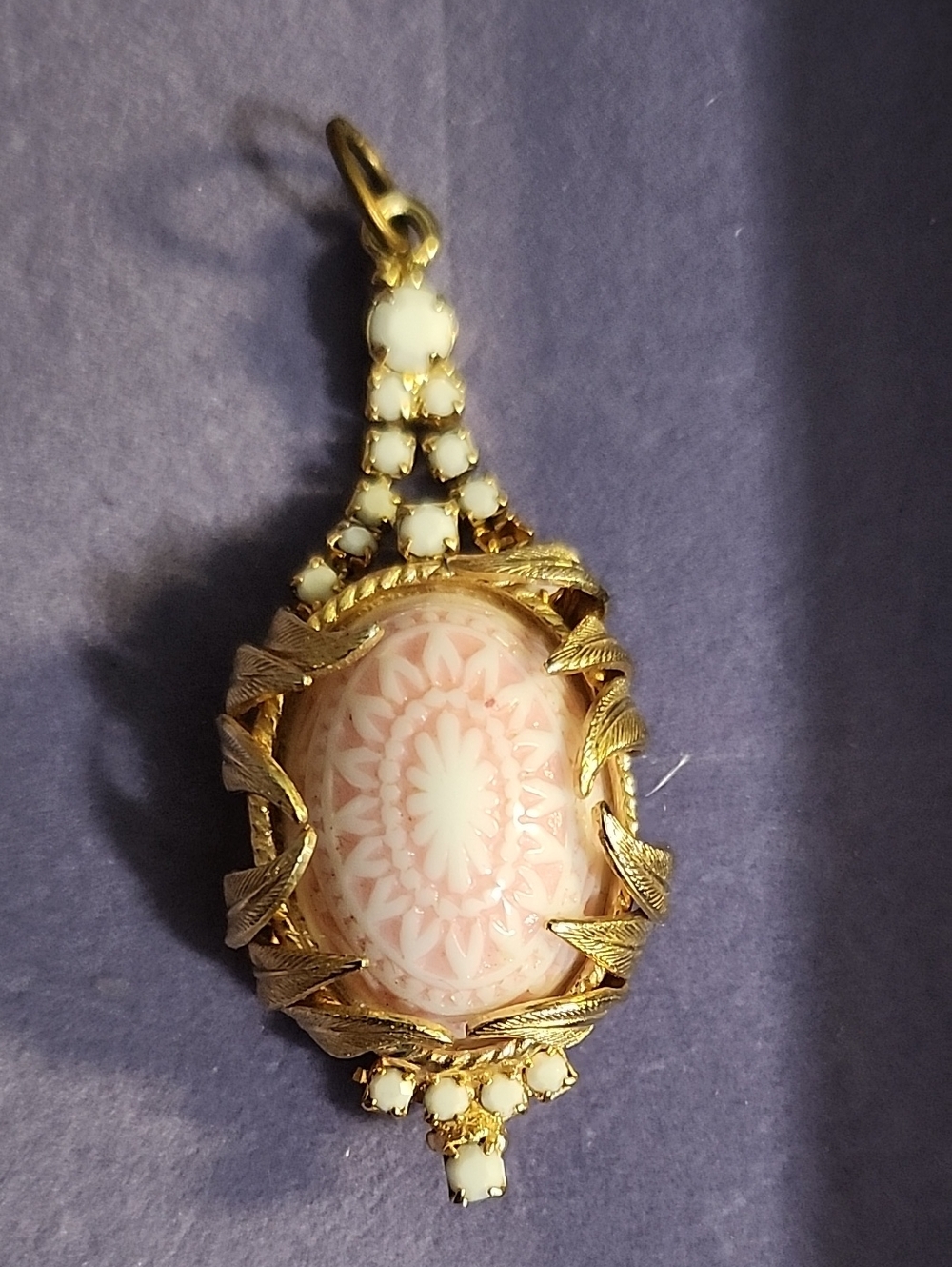 Gold-Tone Pink Cameo Pendant Necklace with White Enamel Accents